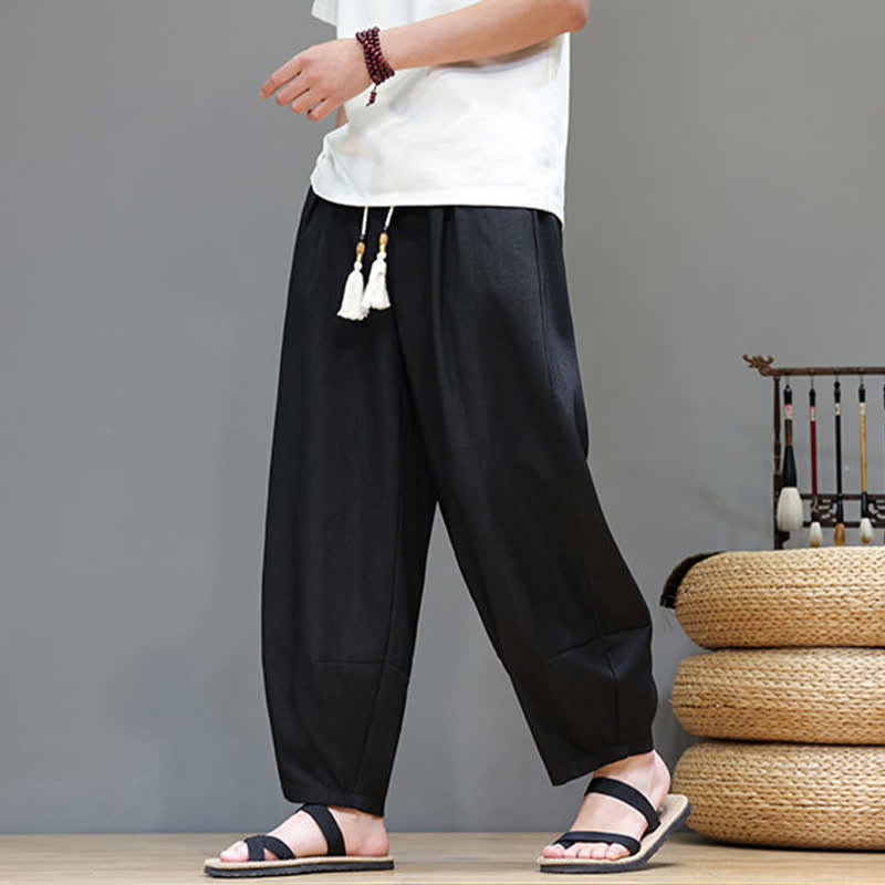 Buddha Stones Summer Drawstring Solid Men's Elastic Waist Harem Pants With Pockets