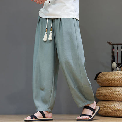 Buddha Stones Summer Drawstring Solid Men's Elastic Waist Harem Pants With Pockets