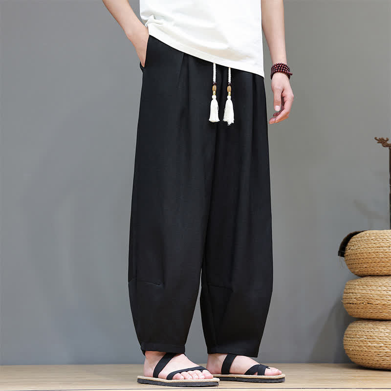 Buddha Stones Summer Drawstring Solid Men's Elastic Waist Harem Pants With Pockets