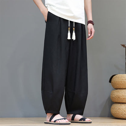 Buddha Stones Summer Drawstring Solid Men's Elastic Waist Harem Pants With Pockets