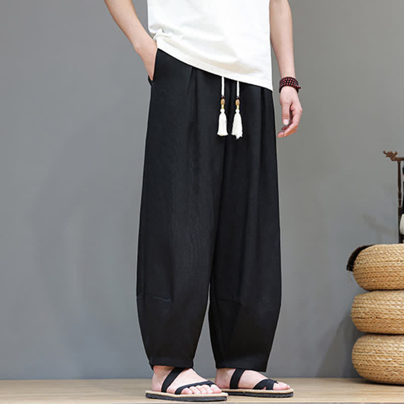 Buddha Stones Summer Drawstring Solid Men's Elastic Waist Harem Pants With Pockets