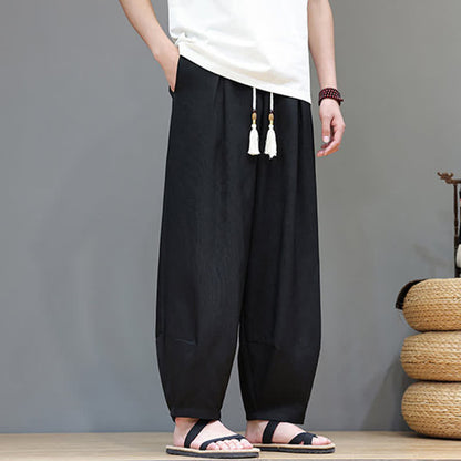 Buddha Stones Summer Drawstring Solid Men's Elastic Waist Harem Pants With Pockets