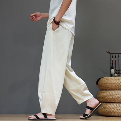 Buddha Stones Summer Drawstring Solid Men's Elastic Waist Harem Pants With Pockets