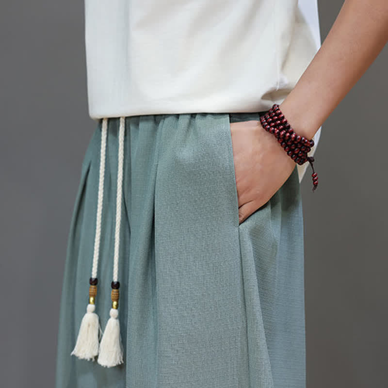 Buddha Stones Summer Drawstring Solid Men's Elastic Waist Harem Pants With Pockets