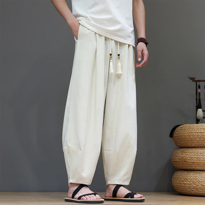 Buddha Stones Summer Drawstring Solid Men's Elastic Waist Harem Pants With Pockets