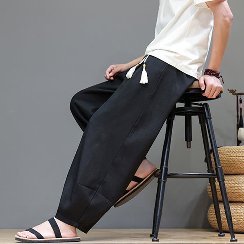 Buddha Stones Summer Drawstring Solid Men's Elastic Waist Harem Pants With Pockets