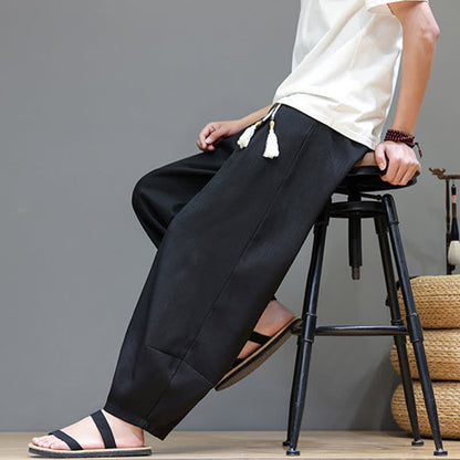Buddha Stones Summer Drawstring Solid Men's Elastic Waist Harem Pants With Pockets