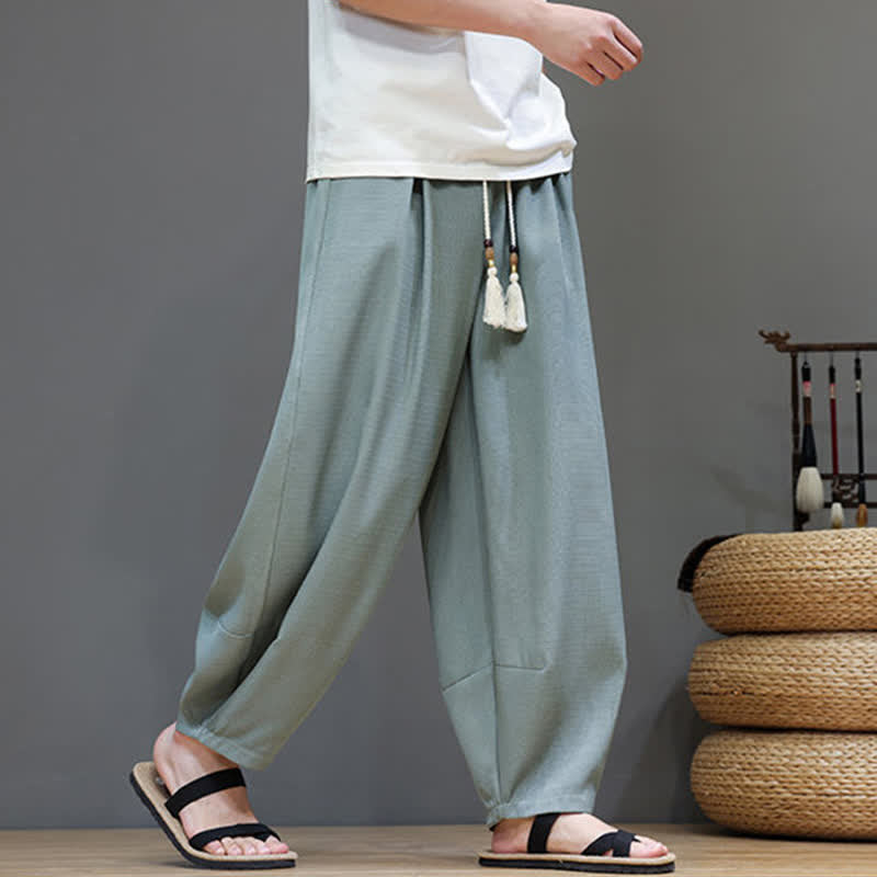 Buddha Stones Summer Drawstring Solid Men's Elastic Waist Harem Pants With Pockets