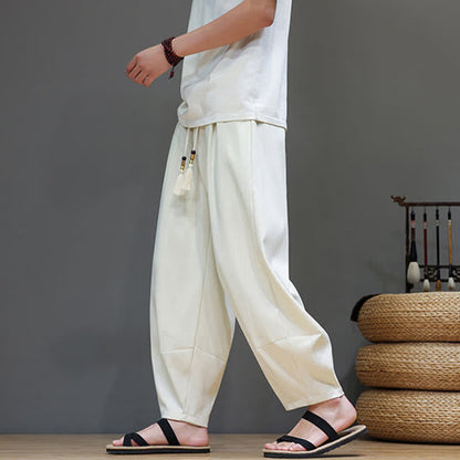Buddha Stones Summer Drawstring Solid Men's Elastic Waist Harem Pants With Pockets