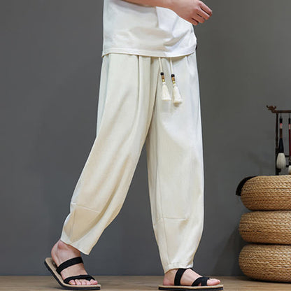 Buddha Stones Summer Drawstring Solid Men's Elastic Waist Harem Pants With Pockets