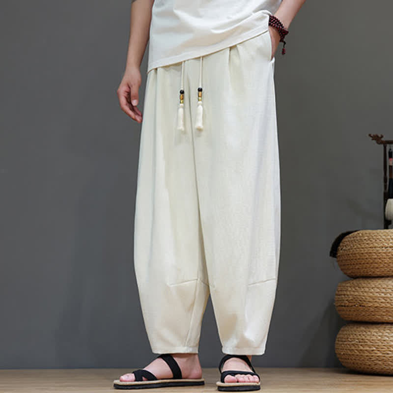 Buddha Stones Summer Drawstring Solid Men's Elastic Waist Harem Pants With Pockets