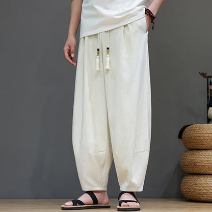 Buddha Stones Summer Drawstring Solid Men's Elastic Waist Harem Pants With Pockets