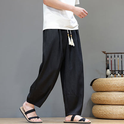 Buddha Stones Summer Drawstring Solid Men's Elastic Waist Harem Pants With Pockets
