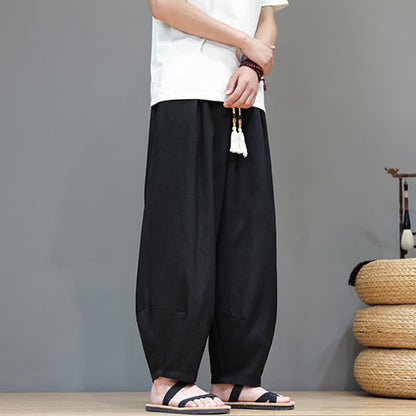 Buddha Stones Summer Drawstring Solid Men's Elastic Waist Harem Pants With Pockets