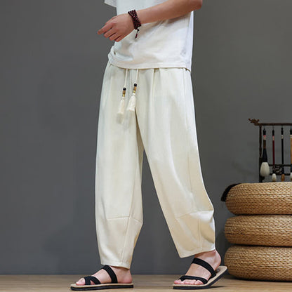Buddha Stones Summer Drawstring Solid Men's Elastic Waist Harem Pants With Pockets
