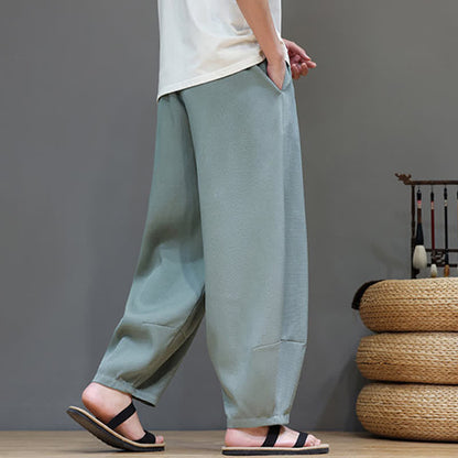 Buddha Stones Summer Drawstring Solid Men's Elastic Waist Harem Pants With Pockets