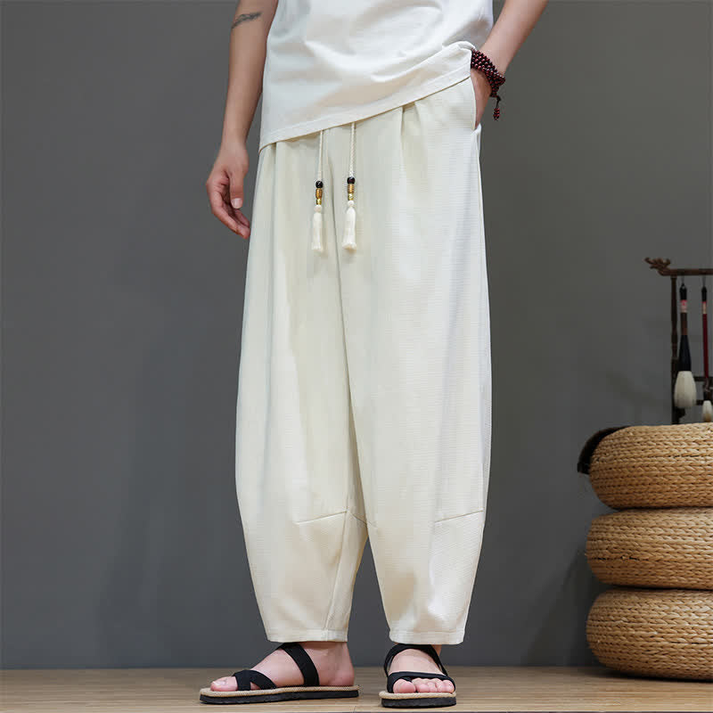 Buddha Stones Summer Drawstring Solid Men's Elastic Waist Harem Pants With Pockets