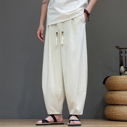 Buddha Stones Summer Drawstring Solid Men's Elastic Waist Harem Pants With Pockets