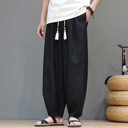 Buddha Stones Summer Drawstring Solid Men's Elastic Waist Harem Pants With Pockets