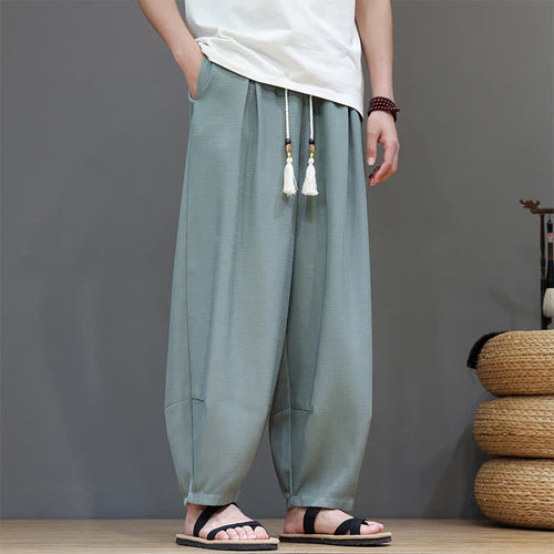Buddha Stones Summer Drawstring Solid Men's Elastic Waist Harem Pants With Pockets