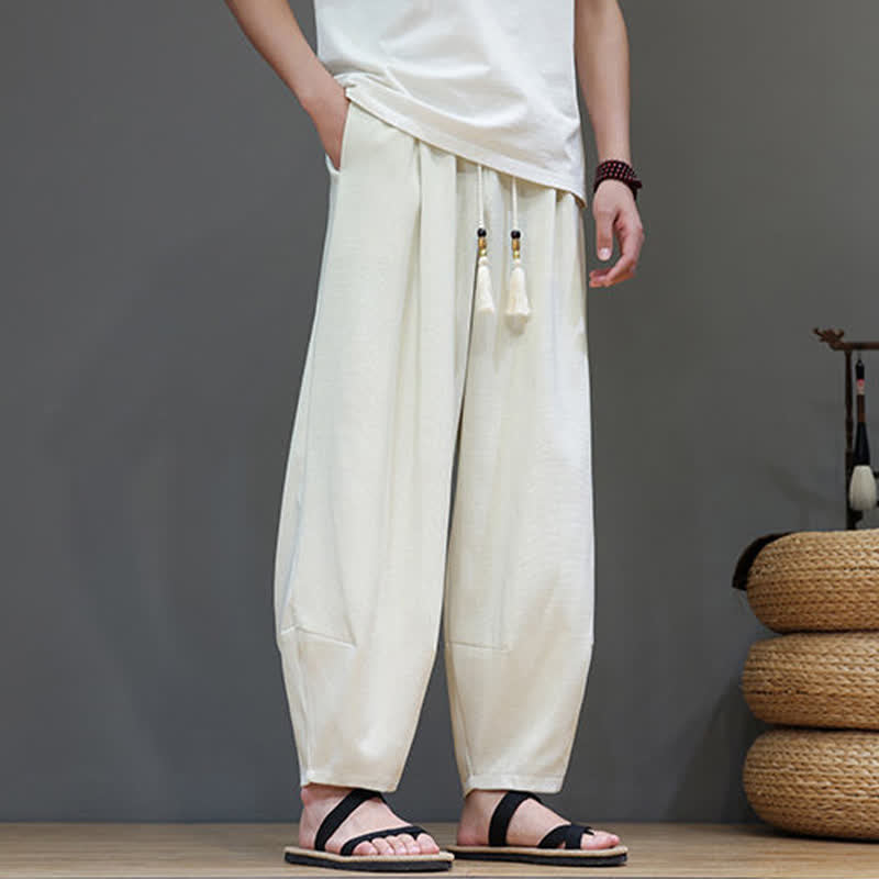 Buddha Stones Summer Drawstring Solid Men's Elastic Waist Harem Pants With Pockets
