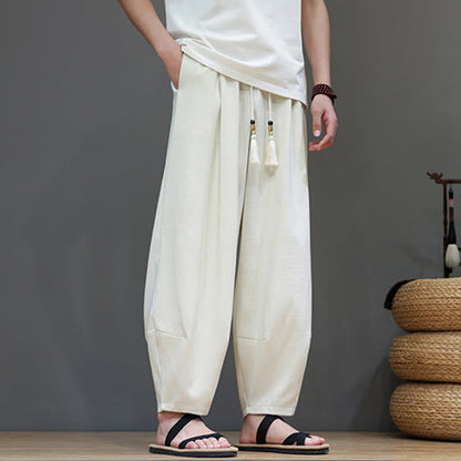 Buddha Stones Summer Drawstring Solid Men's Elastic Waist Harem Pants With Pockets