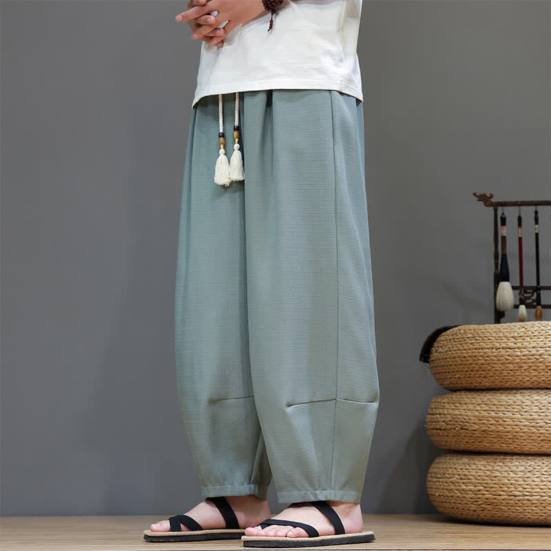 Buddha Stones Summer Drawstring Solid Men's Elastic Waist Harem Pants With Pockets