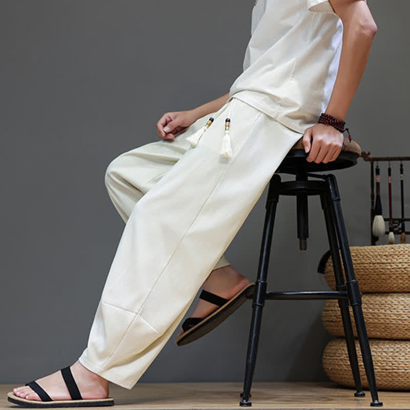 Buddha Stones Summer Drawstring Solid Men's Elastic Waist Harem Pants With Pockets