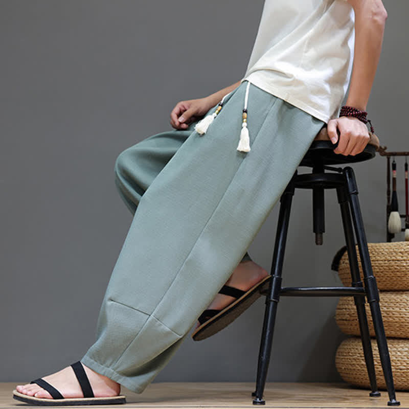 Buddha Stones Summer Drawstring Solid Men's Elastic Waist Harem Pants With Pockets