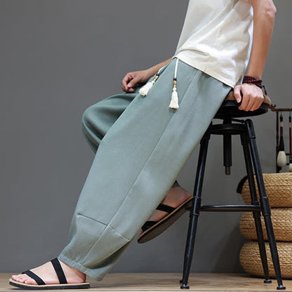 Buddha Stones Summer Drawstring Solid Men's Elastic Waist Harem Pants With Pockets