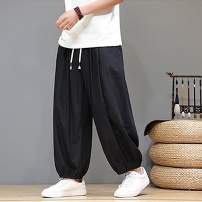 Buddha Stones Summer Zen Elastic Waist Cuff Men's Cropped Harem Pants With Pockets