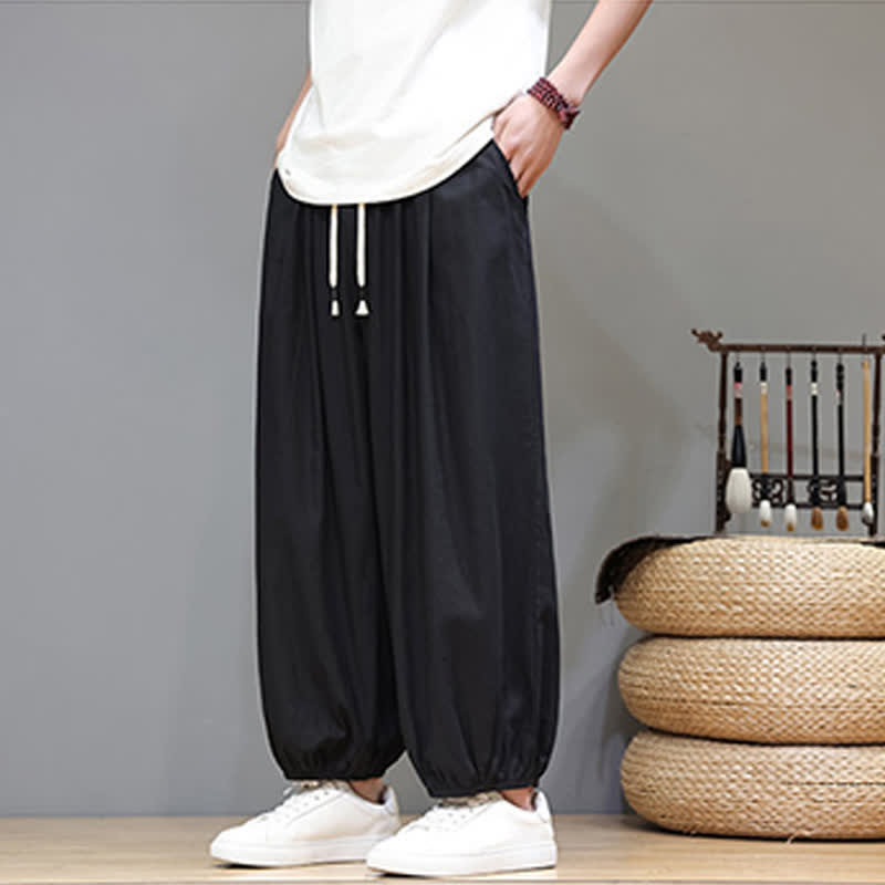 Buddha Stones Summer Zen Elastic Waist Cuff Men's Cropped Harem Pants With Pockets