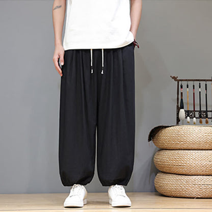 Buddha Stones Summer Zen Elastic Waist Cuff Men's Cropped Harem Pants With Pockets