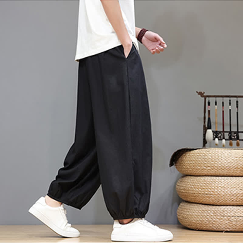 Buddha Stones Summer Zen Elastic Waist Cuff Men's Cropped Harem Pants With Pockets
