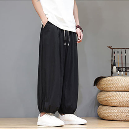 Buddha Stones Summer Zen Elastic Waist Cuff Men's Cropped Harem Pants With Pockets