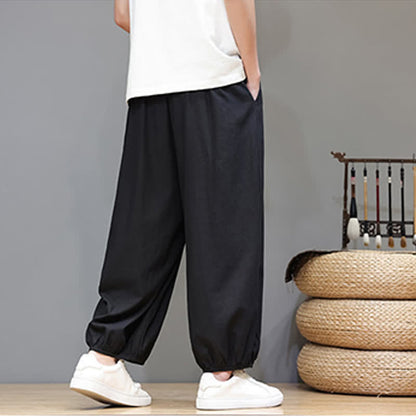 Buddha Stones Summer Zen Elastic Waist Cuff Men's Cropped Harem Pants With Pockets