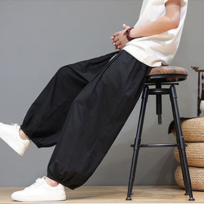 Buddha Stones Summer Zen Elastic Waist Cuff Men's Cropped Harem Pants With Pockets
