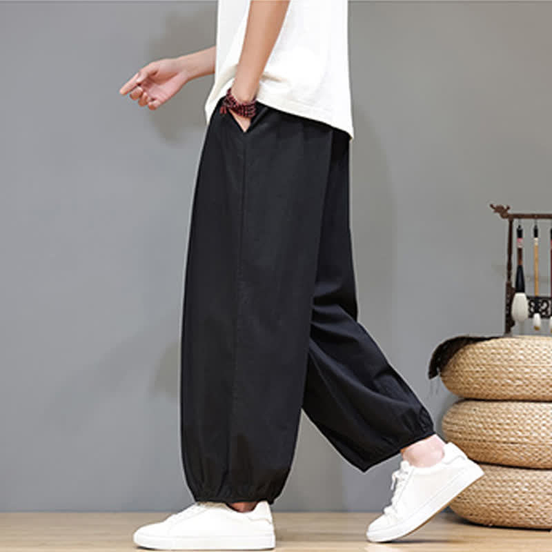 Buddha Stones Summer Zen Elastic Waist Cuff Men's Cropped Harem Pants With Pockets