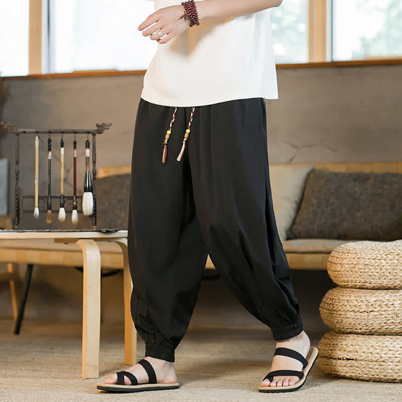 Buddha Stones Summer Casual Drawstring Elastic Hem Solid Men's Harem Pants With Pockets