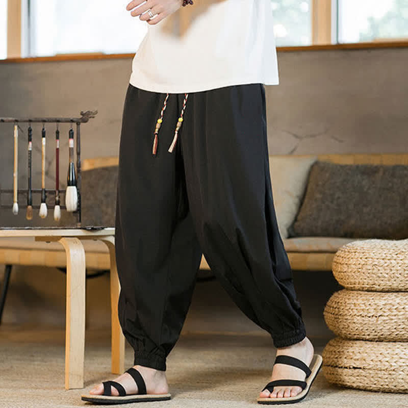 Buddha Stones Summer Casual Drawstring Elastic Hem Solid Men's Harem Pants With Pockets
