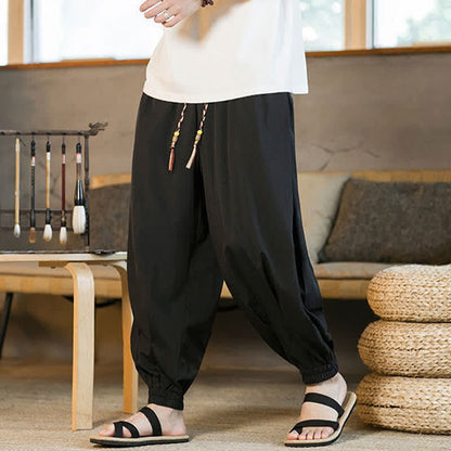 Buddha Stones Summer Casual Drawstring Elastic Hem Solid Men's Harem Pants With Pockets