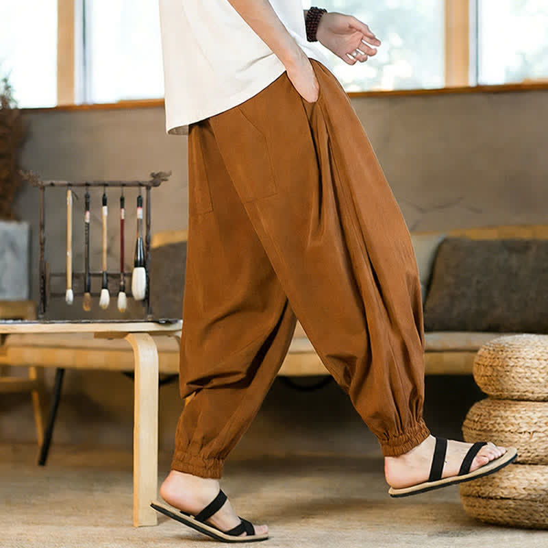 Buddha Stones Summer Casual Drawstring Elastic Hem Solid Men's Harem Pants With Pockets