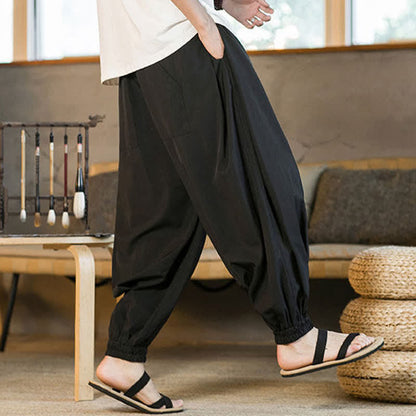 Buddha Stones Summer Casual Drawstring Elastic Hem Solid Men's Harem Pants With Pockets