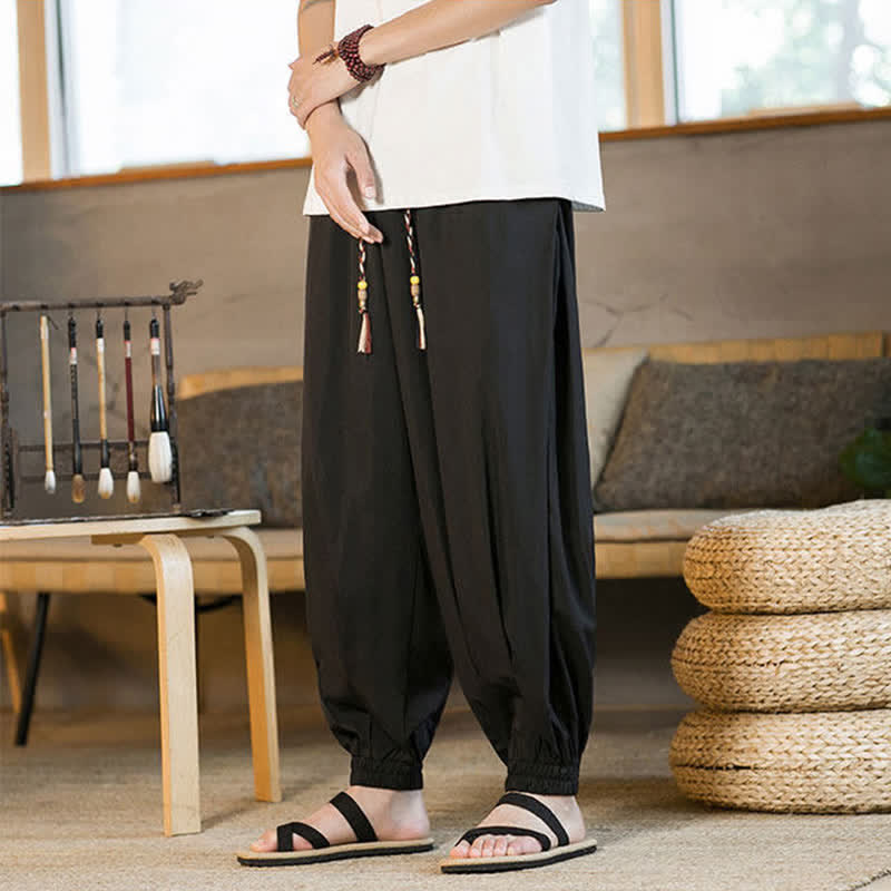 Buddha Stones Summer Casual Drawstring Elastic Hem Solid Men's Harem Pants With Pockets