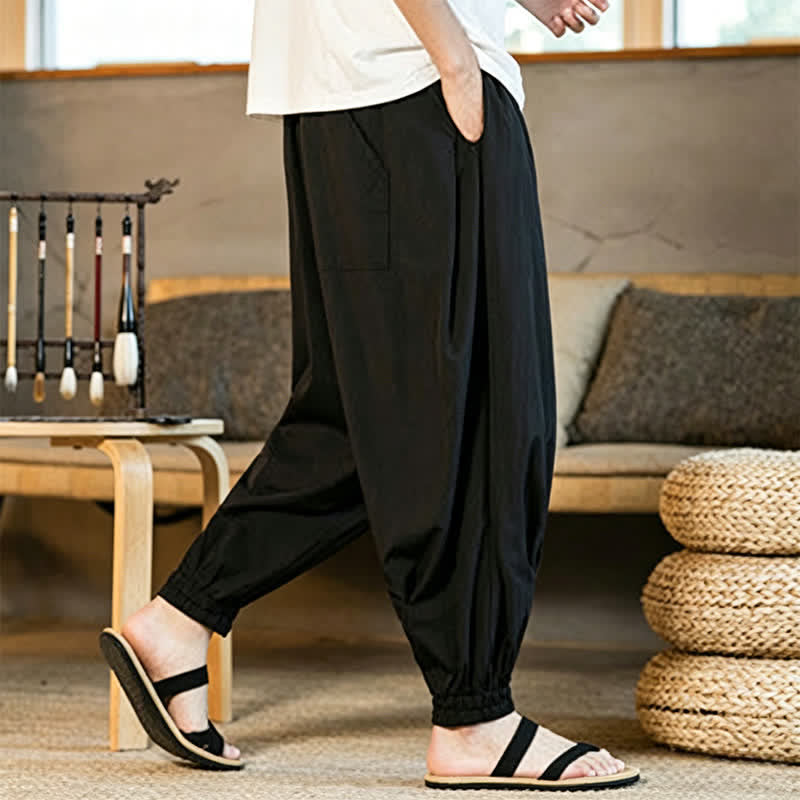 Buddha Stones Summer Casual Drawstring Elastic Hem Solid Men's Harem Pants With Pockets