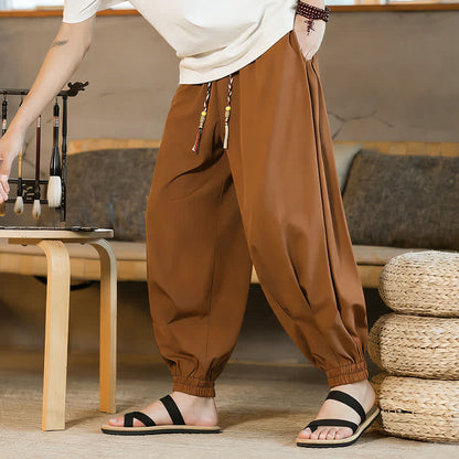 Buddha Stones Summer Casual Drawstring Elastic Hem Solid Men's Harem Pants With Pockets