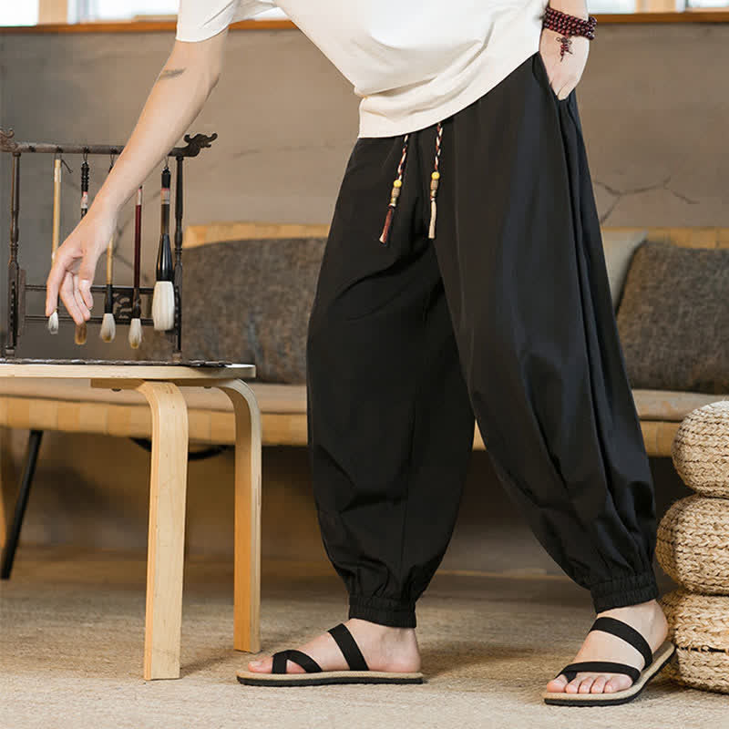 Buddha Stones Summer Casual Drawstring Elastic Hem Solid Men's Harem Pants With Pockets