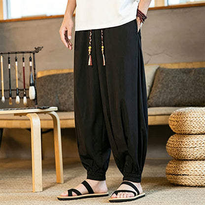 Buddha Stones Summer Casual Drawstring Elastic Hem Solid Men's Harem Pants With Pockets