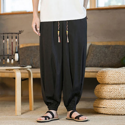 Buddha Stones Summer Casual Drawstring Elastic Hem Solid Men's Harem Pants With Pockets