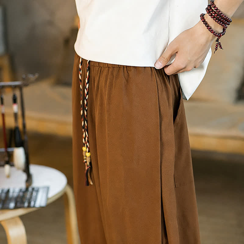 Buddha Stones Summer Casual Drawstring Elastic Hem Solid Men's Harem Pants With Pockets